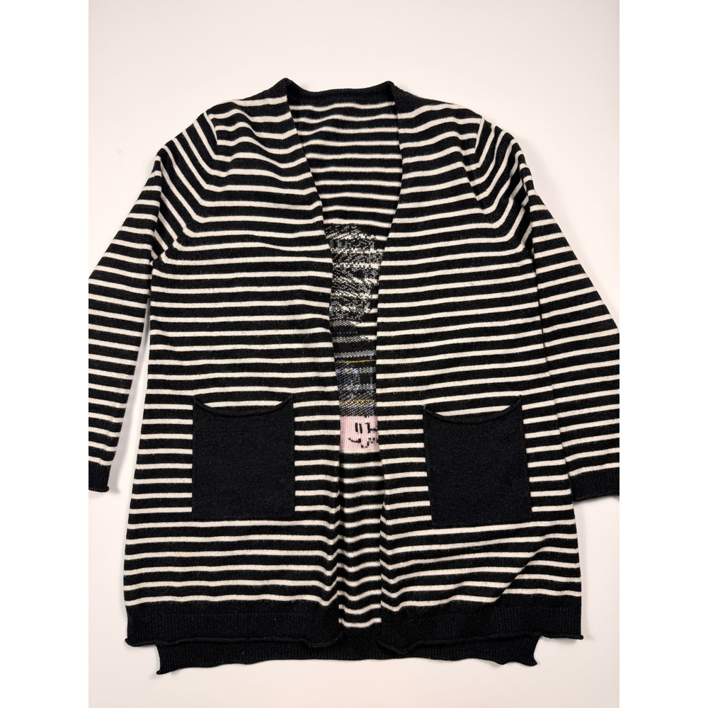 Striped Open Front Cardigan Black White Smiley Face Graphic Sweater Small